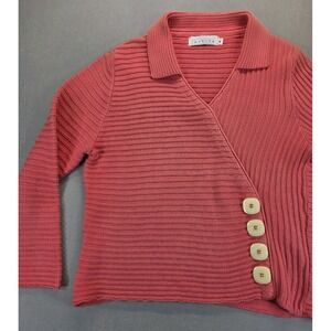 Willow Textured Knit Asymmetrical Sweater Small Coral Pink Cottage Artsy Retro